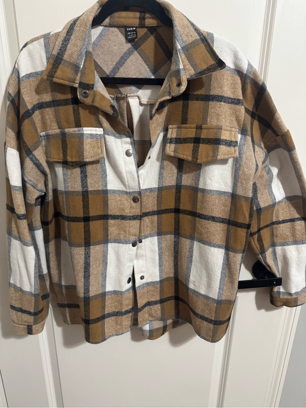 SHEIN Camel, White & Black Plaid Button-Up Shacket